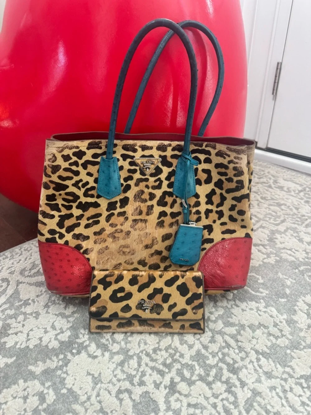 Prada Leopard Haircalf Tote Bag + Wallet Set Teal Red Rare Colorblock Authentic - Picture 2 of 14